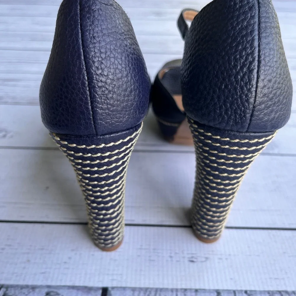 Bon-Bonite Navy Pebbled Leather Platform Mary Jane Peep Toe Heels Size 37